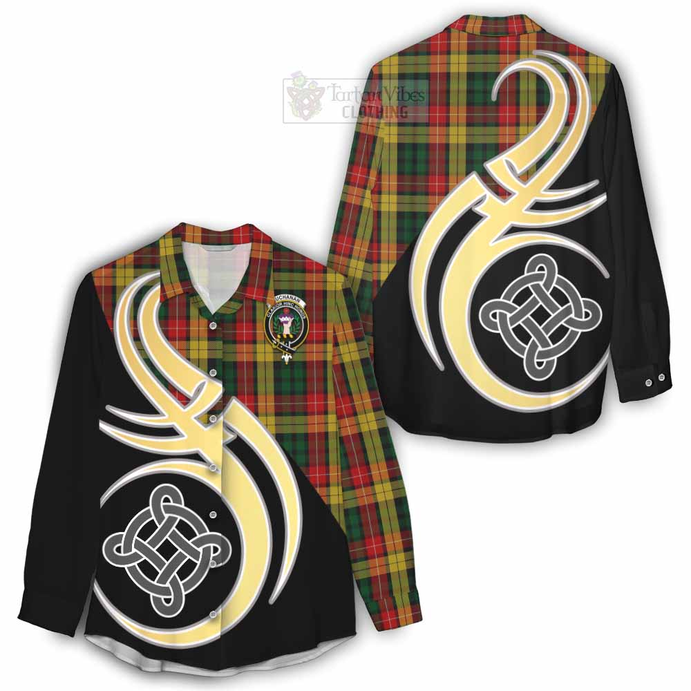 Tartan Vibes Clothing Buchanan Tartan Women's Casual Shirt with Family Crest and Celtic Symbol Style