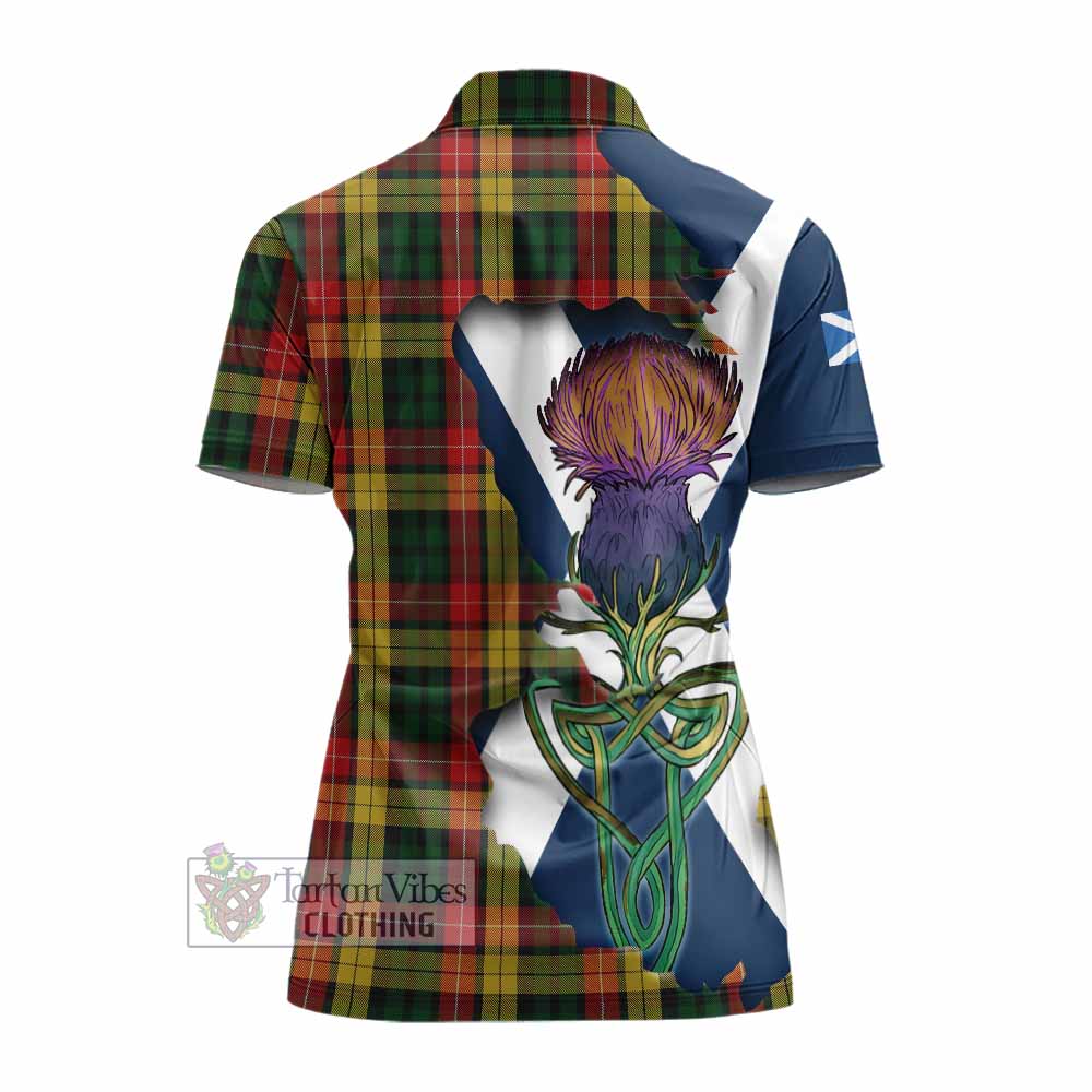 Tartan Vibes Clothing Buchanan Tartan Family Crest Women's Polo Shirt Scottish Thistle Celtic Inspired