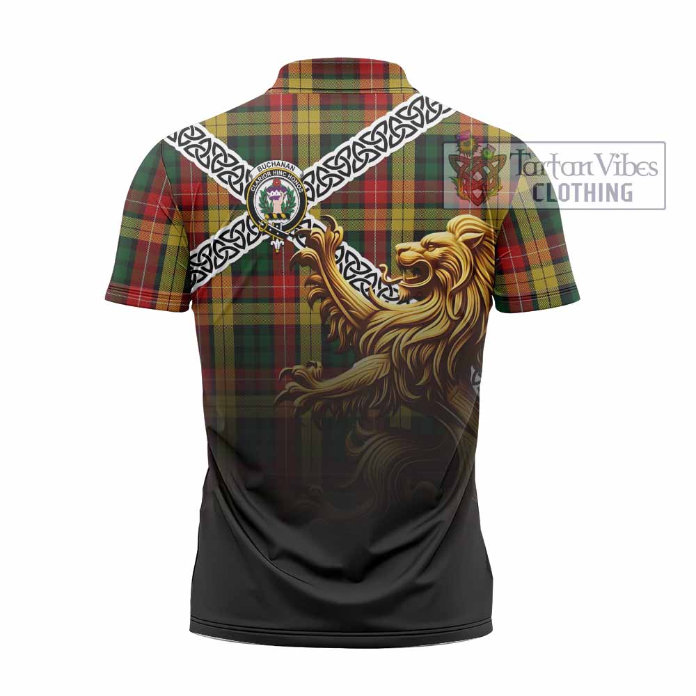 Tartan Vibes Clothing Buchanan Crest Tartan Zipper Polo Shirt with Golden Lion Emblem Celtic Style
