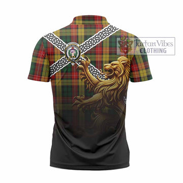 Buchanan Crest Tartan Zipper Polo Shirt with Golden Lion Emblem Celtic Style
