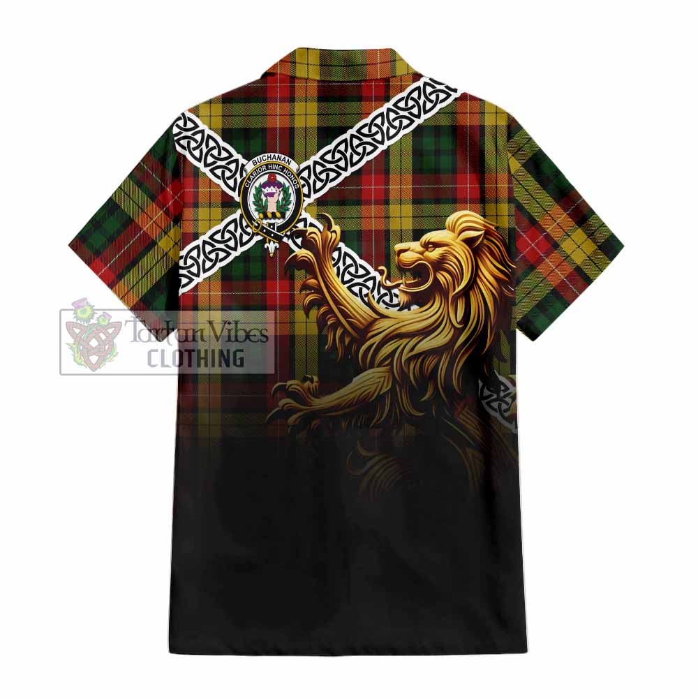 Tartan Vibes Clothing Buchanan Crest Tartan Short Sleeve Button Shirt with Golden Lion Emblem Celtic Style