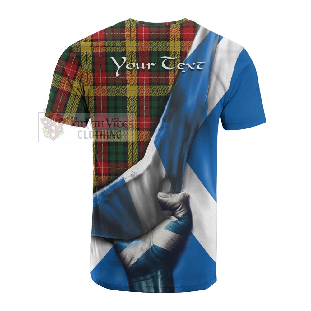 Tartan Vibes Clothing Buchanan Tartan Cotton T-shirt with Family Crest Scotland Patriotic Style