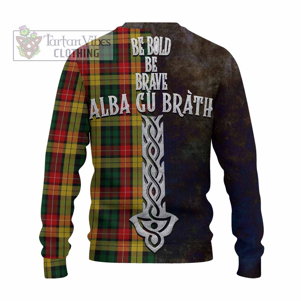 Tartan Vibes Clothing Buchanan Tartan Family Crest Knitted Sweater Alba Gu Brath Be Brave Lion Ancient Style