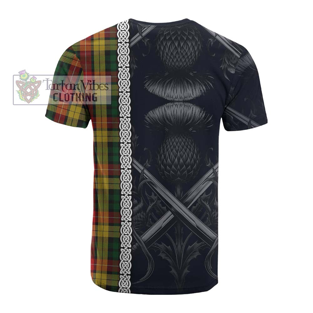 Tartan Vibes Clothing Buchanan Tartan Cotton T-shirt with Family Crest Cross Sword Thistle Celtic Vibes