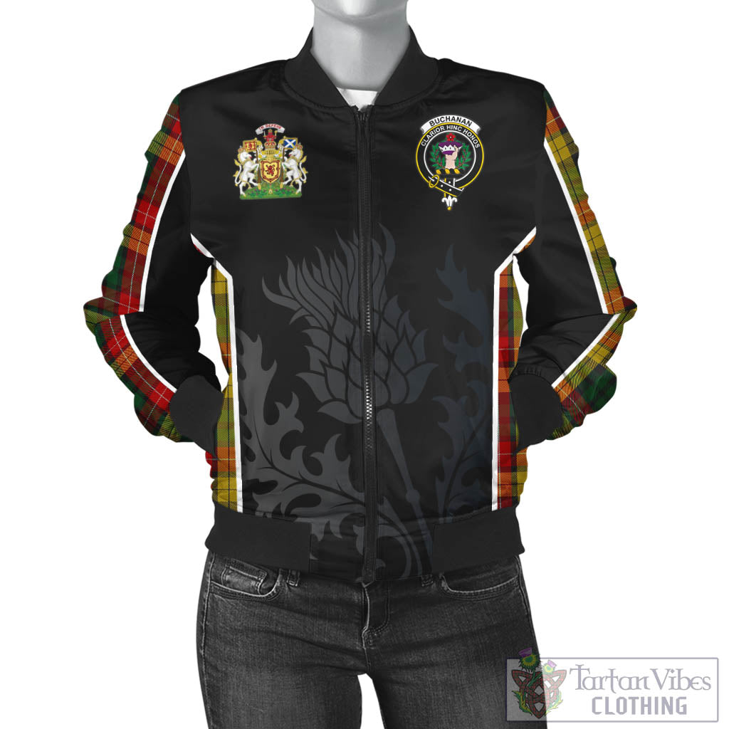 Tartan Vibes Clothing Buchanan Tartan Bomber Jacket with Family Crest and Scottish Thistle Vibes Sport Style