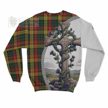Tartan Vibes Clothing Buchanan Tartan Sweatshirt with Family Crest and St. Andrew's Cross Accented by Thistle Vines