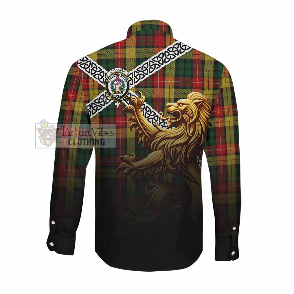 Tartan Vibes Clothing Buchanan Crest Tartan Long Sleeve Button Shirt with Golden Lion Emblem Celtic Style