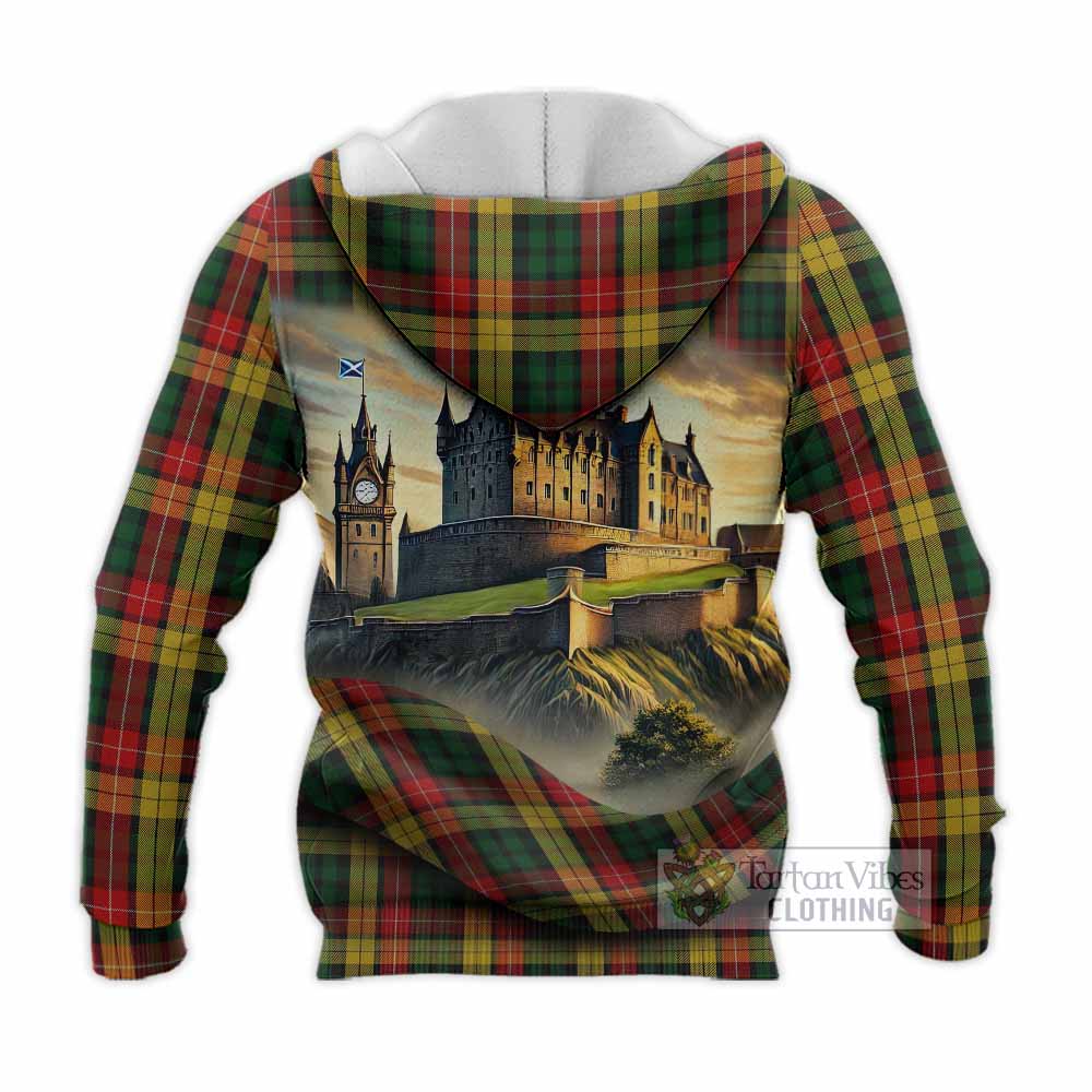 Tartan Vibes Clothing Buchanan Tartan Family Crest Knitted Hoodie with Scottish Ancient Castle Style