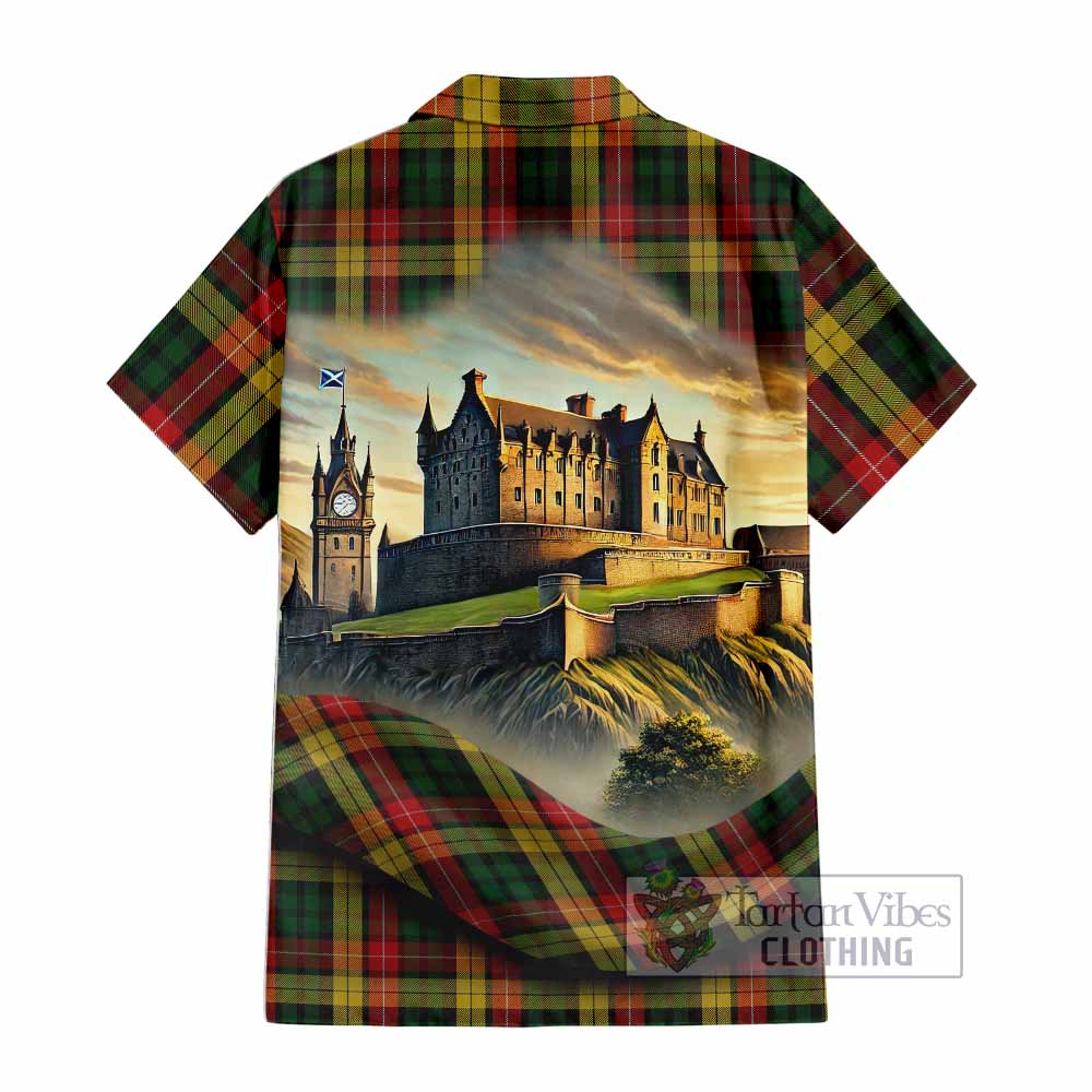 Tartan Vibes Clothing Buchanan Tartan Family Crest Short Sleeve Button Shirt with Scottish Ancient Castle Style