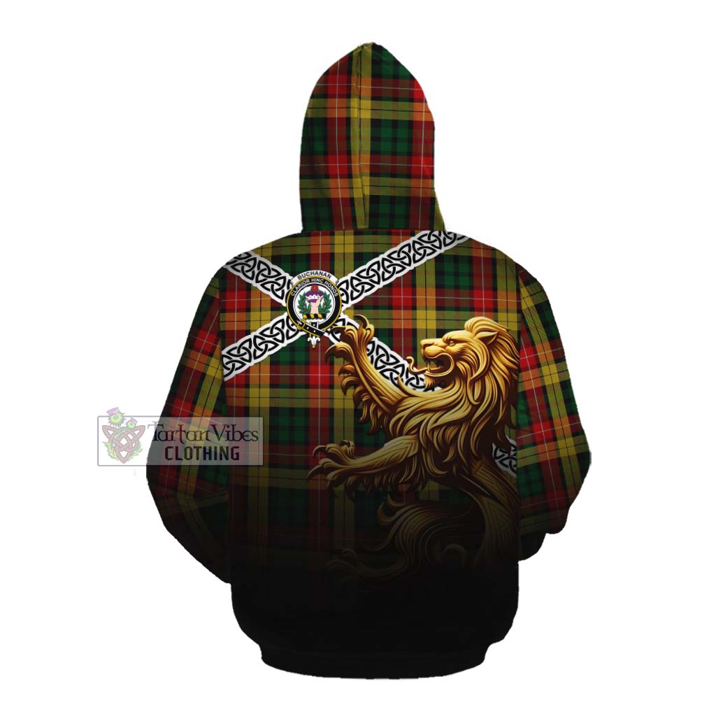 Tartan Vibes Clothing Buchanan Crest Tartan Cotton Hoodie with Golden Lion Emblem Celtic Style