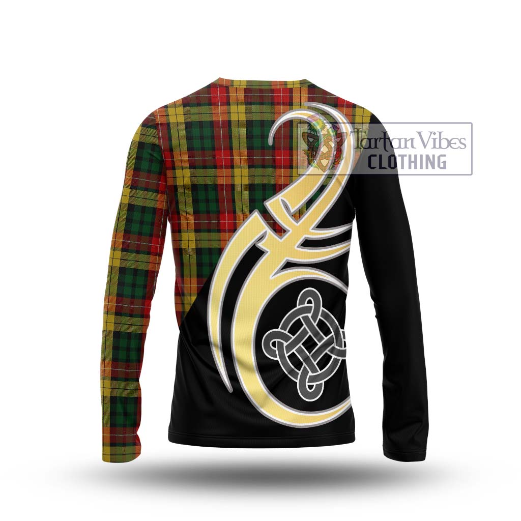 Buchanan Tartan Long Sleeve T-Shirt with Family Crest and Celtic Symbol Style - Tartan Vibes Clothing