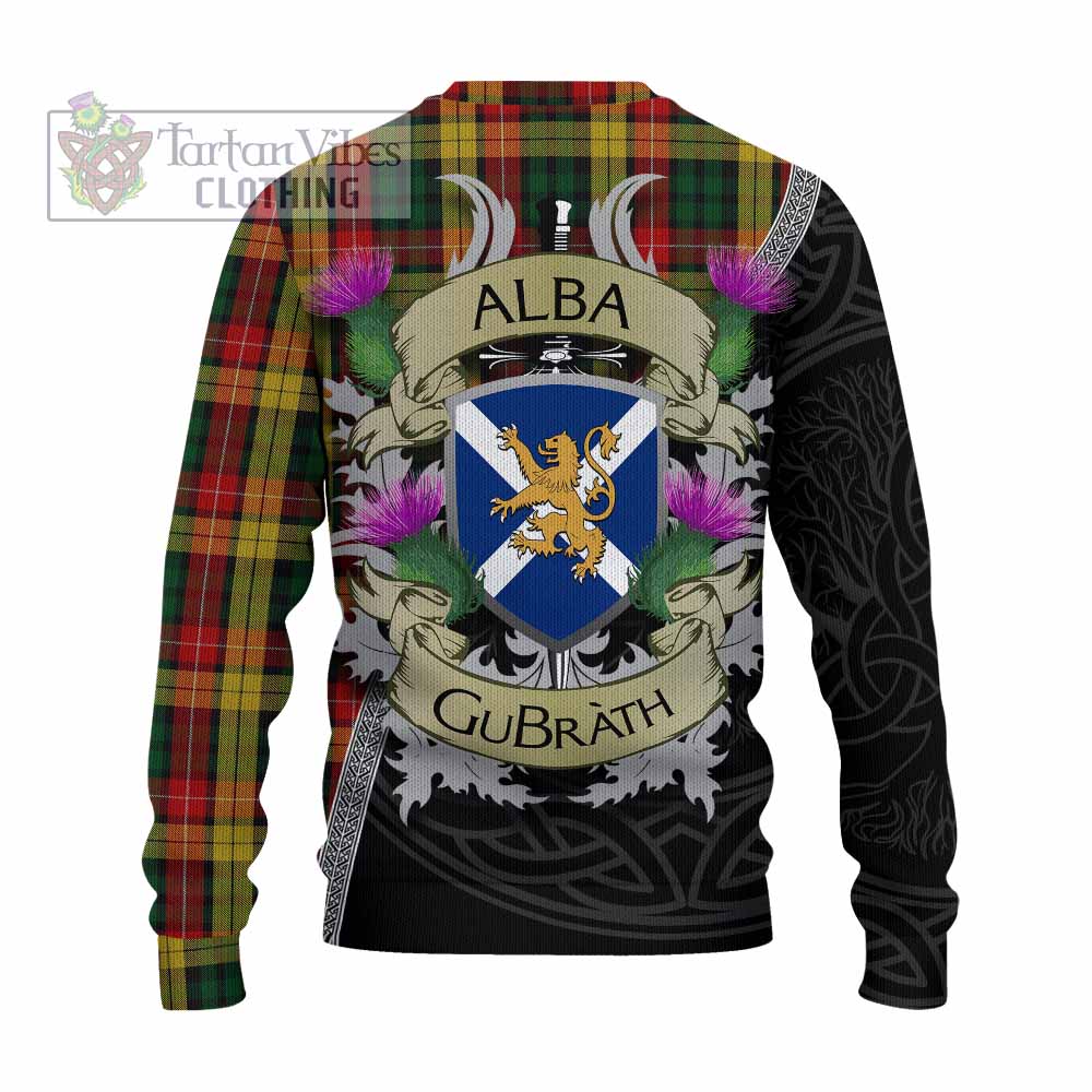 Tartan Vibes Clothing Buchanan Tartan Family Crest Knitted Sweater Lion Rampant Royal Thistle Shield Celtic Inspired