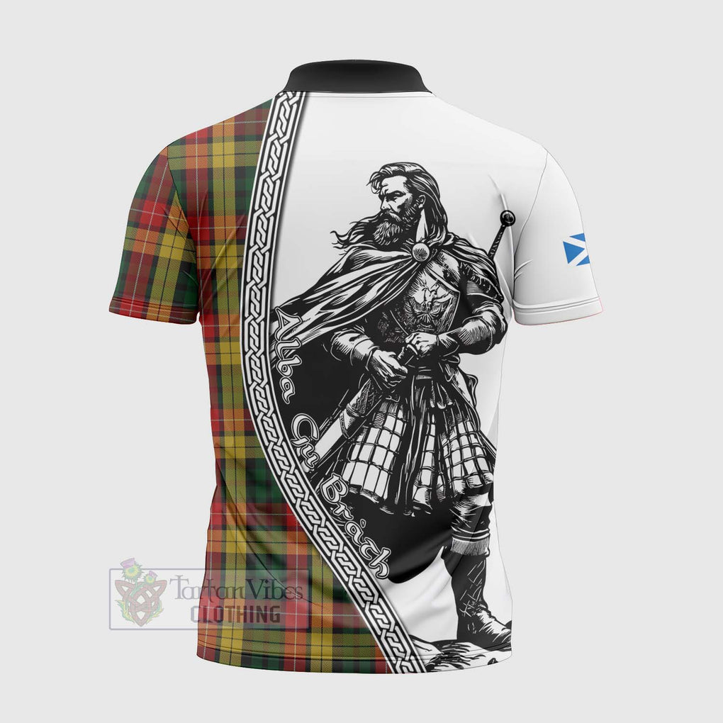 Tartan Vibes Clothing Buchanan Tartan Clan Crest Zipper Polo Shirt with Highlander Warrior Celtic Style