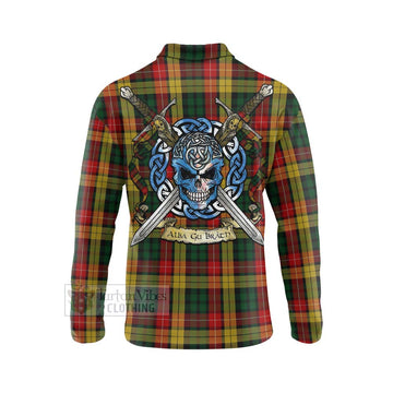 Tartan Vibes Clothing Buchanan Tartan Long Sleeve Polo Shirt with Family Crest Celtic Skull Style