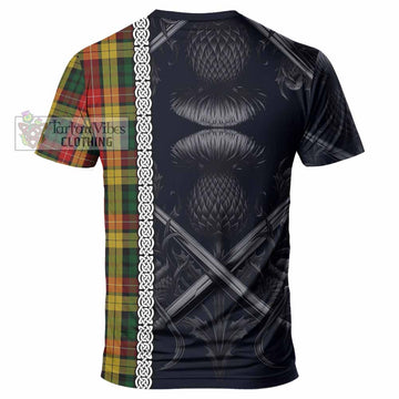 Tartan Vibes Clothing Buchanan Tartan T-Shirt with Family Crest Cross Sword Thistle Celtic Vibes
