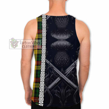 Tartan Vibes Clothing Buchanan Tartan Men's Tank Top with Family Crest Cross Sword Thistle Celtic Vibes