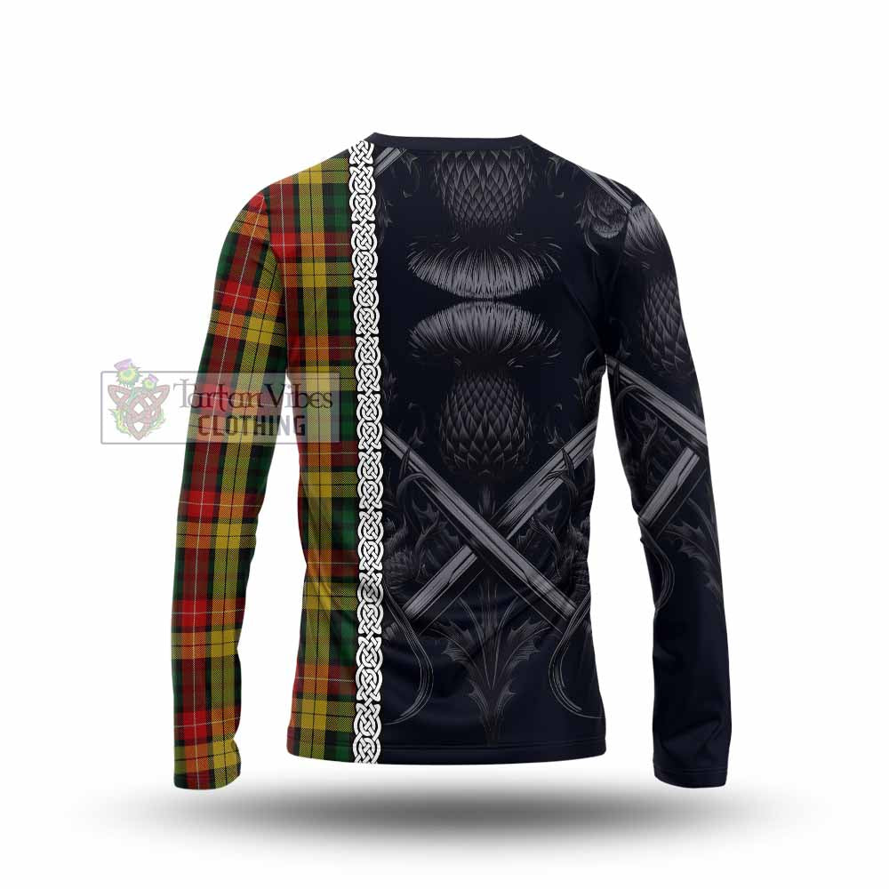 Tartan Vibes Clothing Buchanan Tartan Long Sleeve T-Shirt with Family Crest Cross Sword Thistle Celtic Vibes