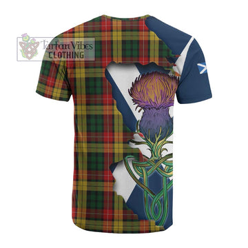Tartan Vibes Clothing Buchanan Tartan Family Crest Cotton T-shirt Scottish Thistle Celtic Inspired
