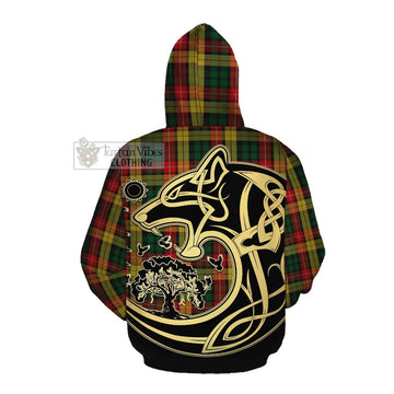 Tartan Vibes Clothing Buchanan Tartan Cotton Hoodie with Family Crest Celtic Wolf Style