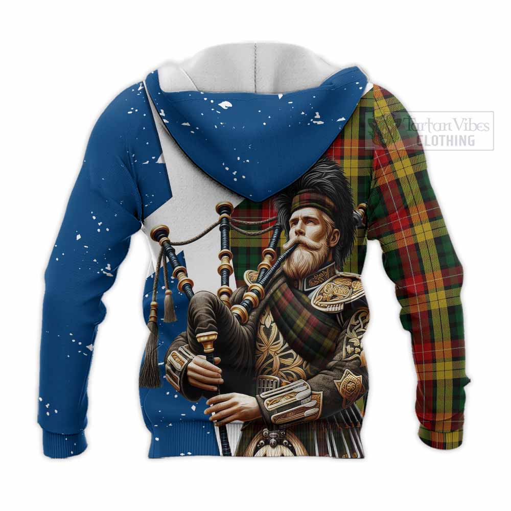 Tartan Vibes Clothing Buchanan Tartan Knitted Hoodie with Family Crest Scottish Bagpiper Vibes