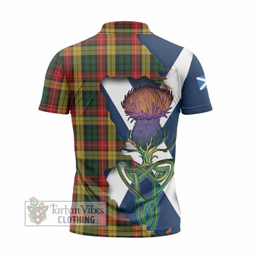 Buchanan Tartan Family Crest Zipper Polo Shirt Scottish Thistle Celtic Inspired