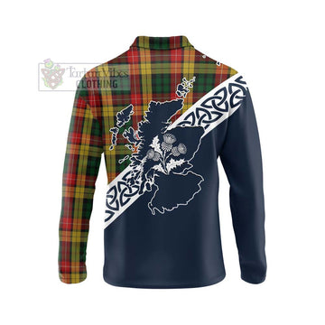 Tartan Vibes Clothing Buchanan Tartan Long Sleeve Polo Shirt Featuring Thistle and Scotland Map