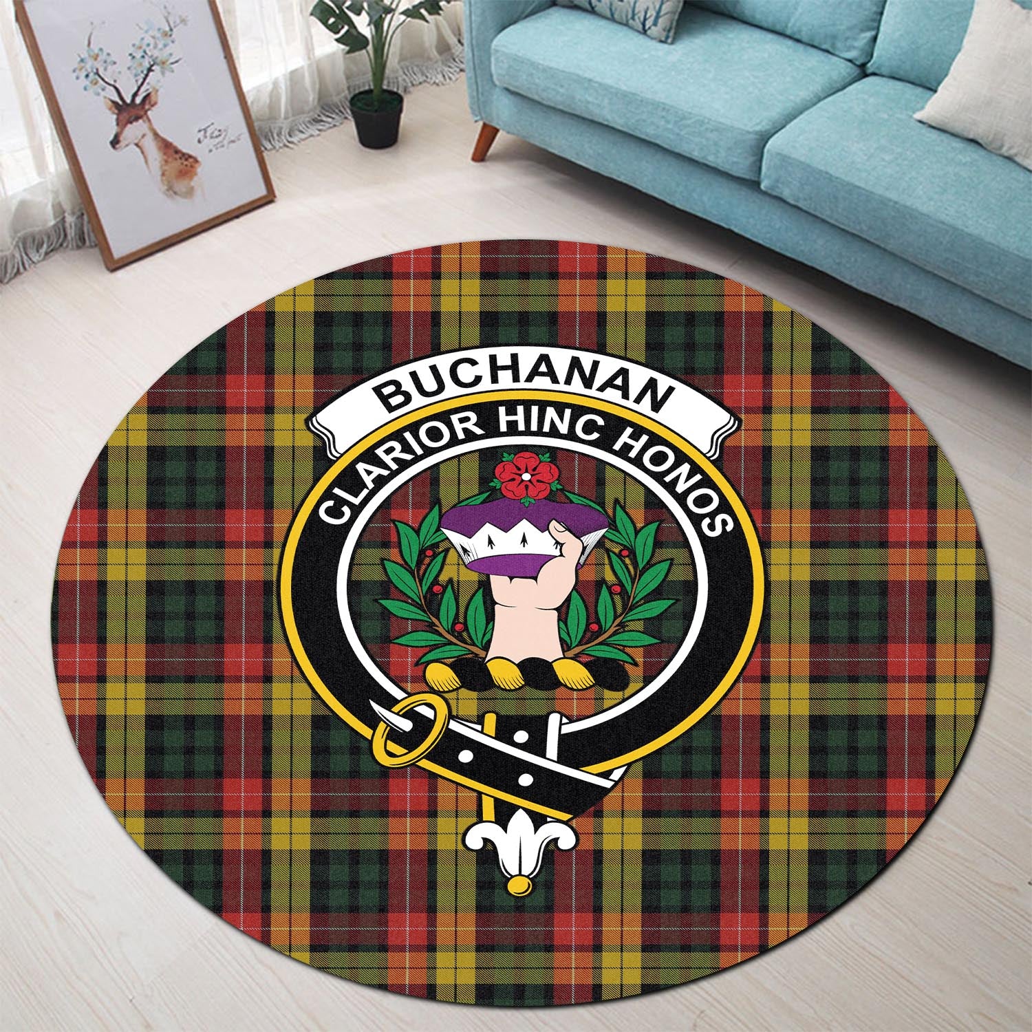 Buchanan Tartan Round Rug with Family Crest - Tartanvibesclothing