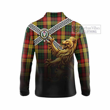 Buchanan Crest Tartan Long Sleeve Polo Shirt with Golden Lion Emblem Celtic Style