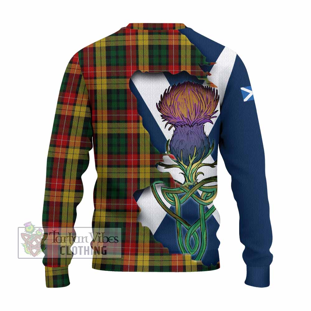 Tartan Vibes Clothing Buchanan Tartan Family Crest Knitted Sweater Scottish Thistle Celtic Inspired