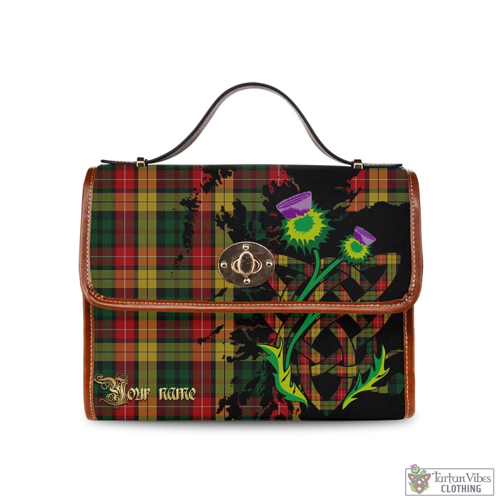 Buchanan Tartan Waterproof Canvas Bag with Scotland Map and Thistle Celtic Accents Brown Leather Strap One Size 10.5*20*27cm - Tartan Vibes Clothing