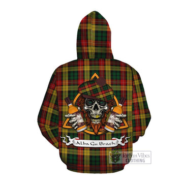 Tartan Vibes Clothing Buchanan Tartan Cotton Hoodie with Family Crest and Bearded Skull Holding Bottles of Whiskey