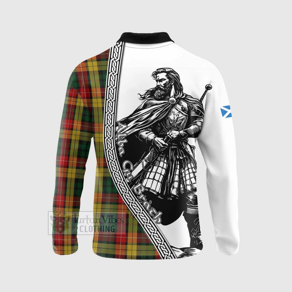 Tartan Vibes Clothing Buchanan Tartan Clan Crest Long Sleeve Polo Shirt with Highlander Warrior Celtic Style