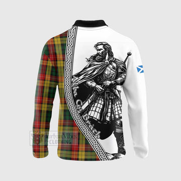 Tartan Vibes Clothing Buchanan Tartan Clan Crest Long Sleeve Polo Shirt with Highlander Warrior Celtic Style