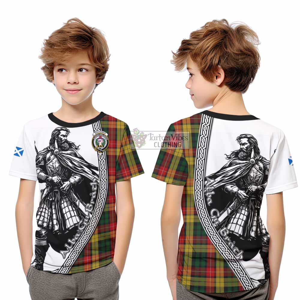 Buchanan Tartan Clan Crest Kid T-Shirt with Highlander Warrior Celtic Style