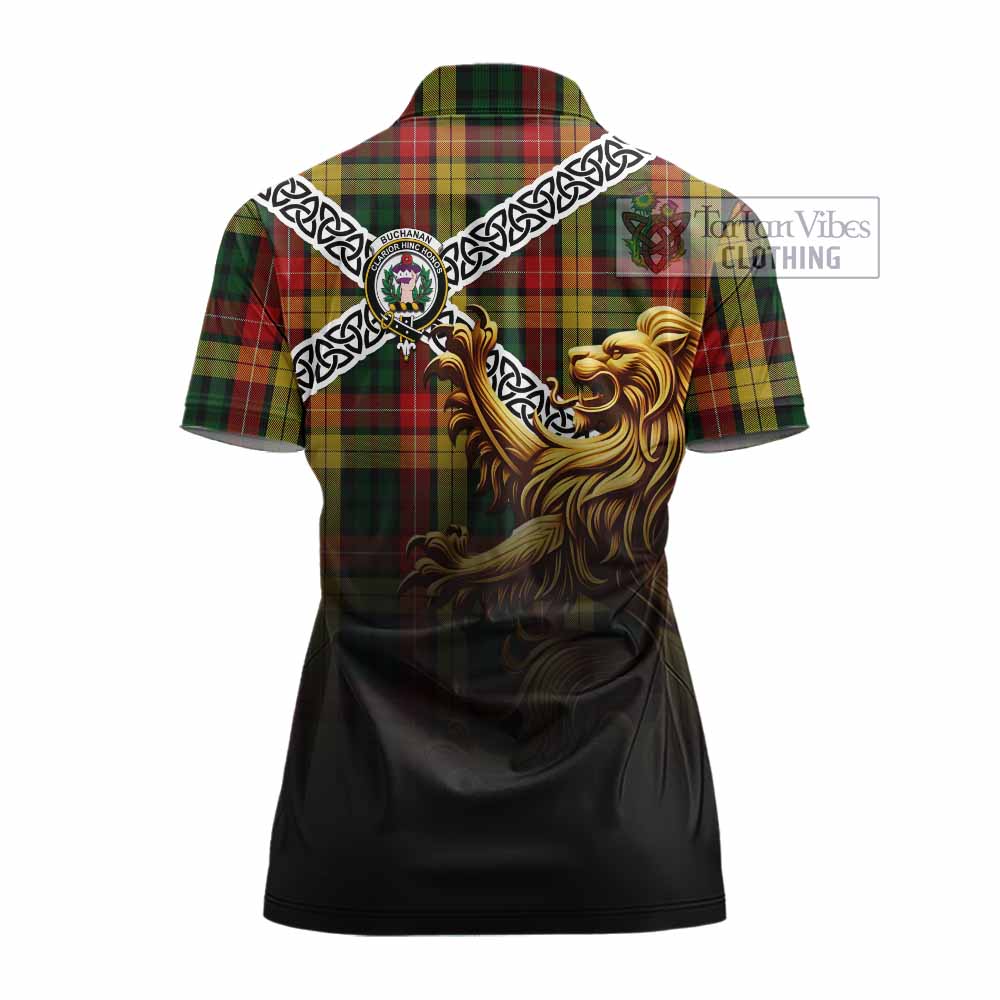 Tartan Vibes Clothing Buchanan Crest Tartan Women's Polo Shirt with Golden Lion Emblem Celtic Style