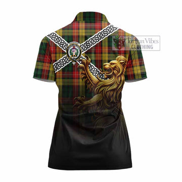 Buchanan Crest Tartan Women's Polo Shirt with Golden Lion Emblem Celtic Style