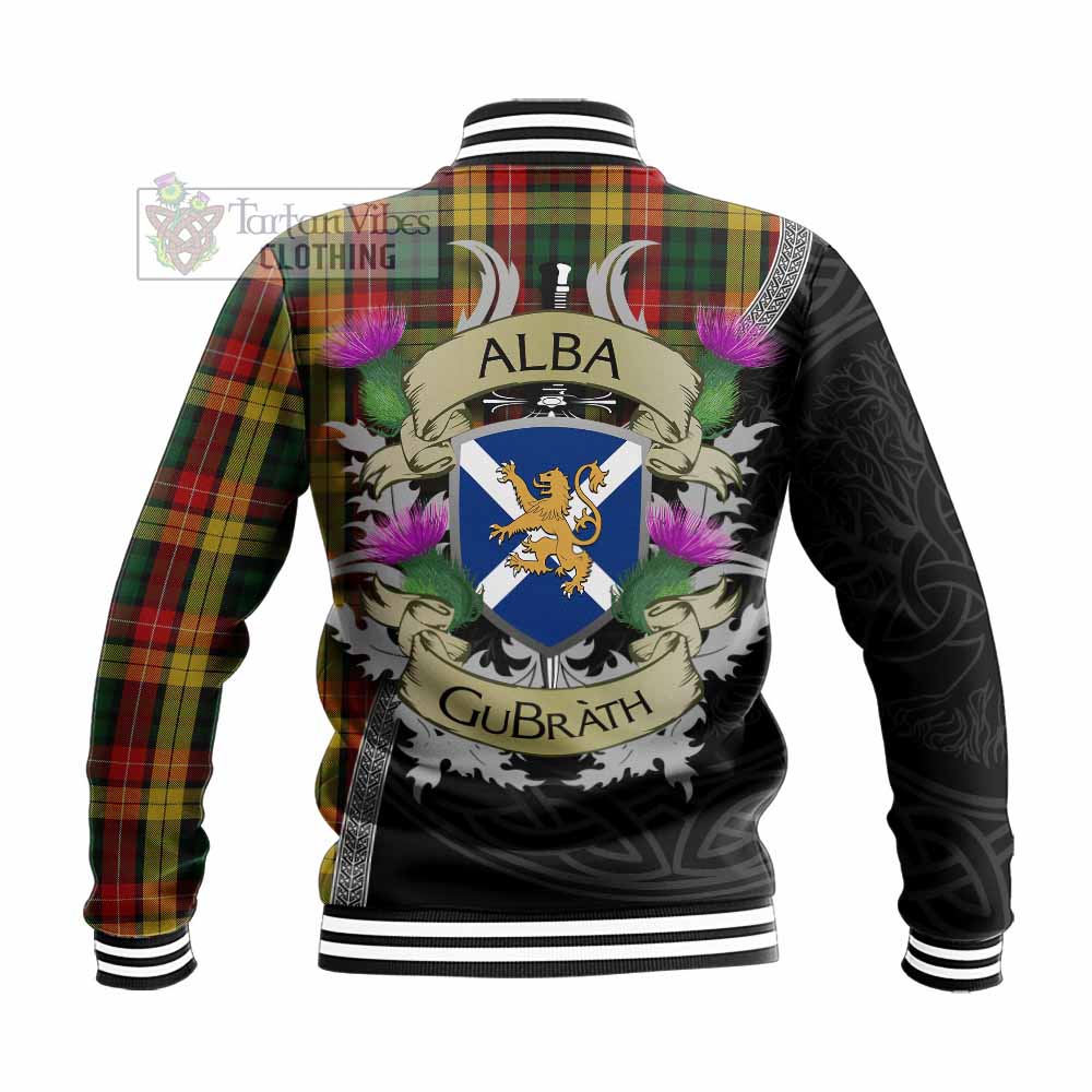 Tartan Vibes Clothing Buchanan Tartan Family Crest Baseball Jacket Lion Rampant Royal Thistle Shield Celtic Inspired