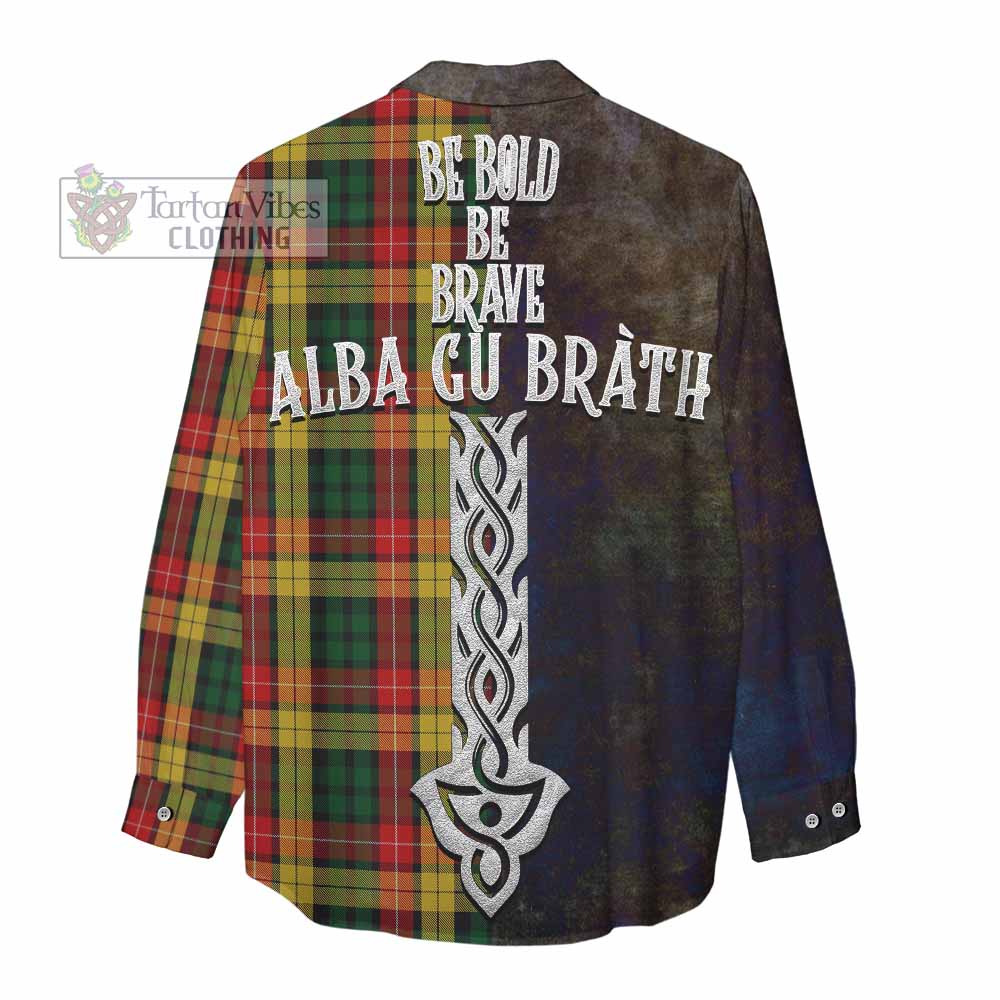 Tartan Vibes Clothing Buchanan Tartan Family Crest Women's Casual Shirt Alba Gu Brath Be Brave Lion Ancient Style