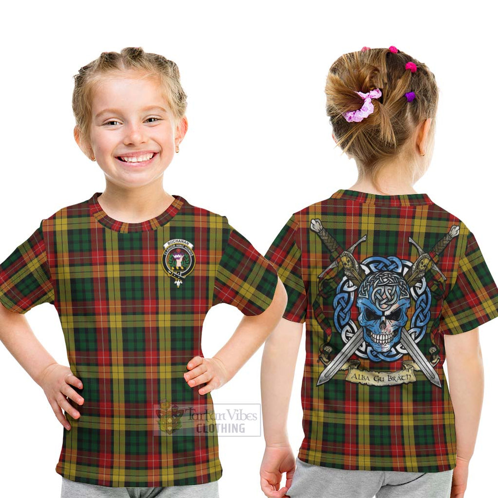 Tartan Vibes Clothing Buchanan Tartan Kid T-Shirt with Family Crest Celtic Skull Style