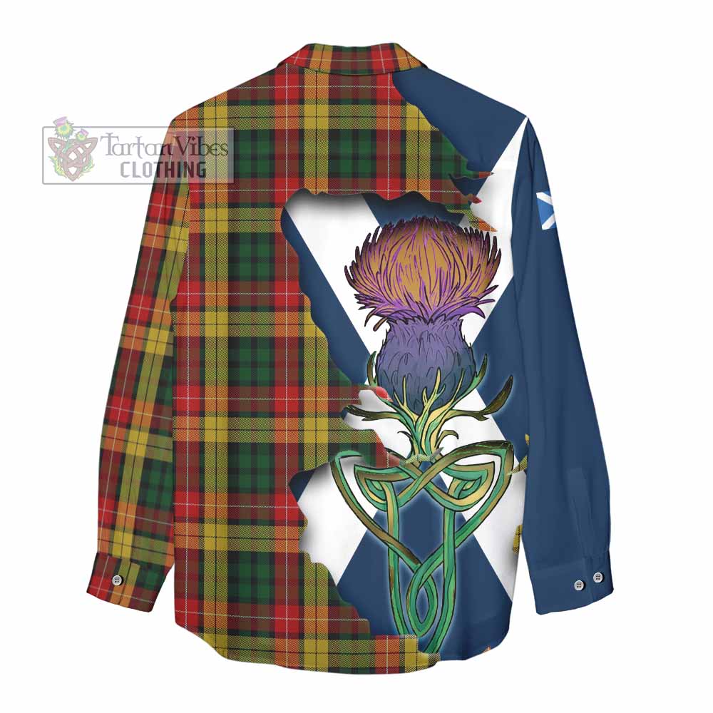 Tartan Vibes Clothing Buchanan Tartan Family Crest Women's Casual Shirt Scottish Thistle Celtic Inspired