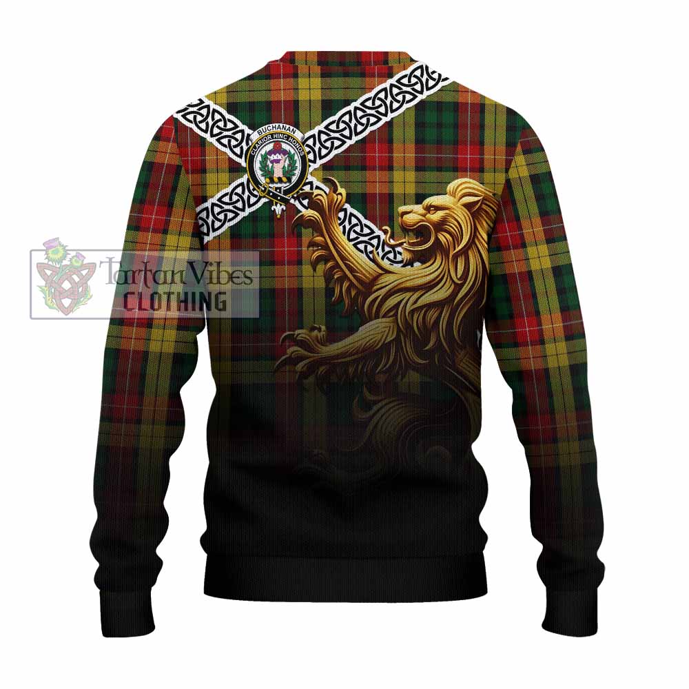 Tartan Vibes Clothing Buchanan Crest Tartan Knitted Sweater with Golden Lion Emblem Celtic Style
