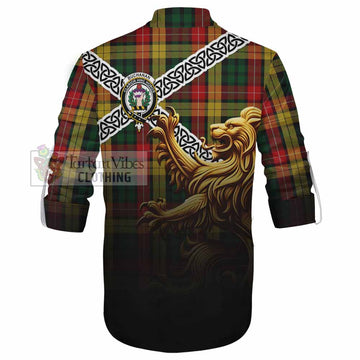 Buchanan Crest Tartan Ghillie Kilt Shirt with Golden Lion Emblem Celtic Style