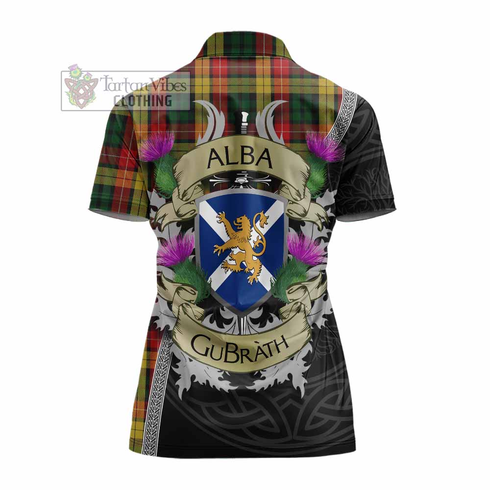Tartan Vibes Clothing Buchanan Tartan Family Crest Women's Polo Shirt Lion Rampant Royal Thistle Shield Celtic Inspired