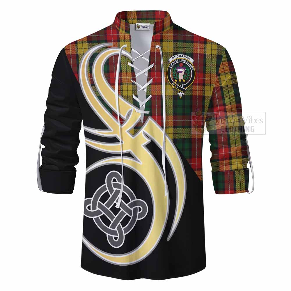 Tartan Vibes Clothing Buchanan Tartan Ghillie Kilt Shirt with Family Crest and Celtic Symbol Style