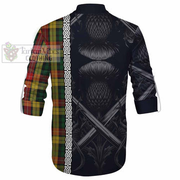 Tartan Vibes Clothing Buchanan Tartan Ghillie Kilt Shirt with Family Crest Cross Sword Thistle Celtic Vibes