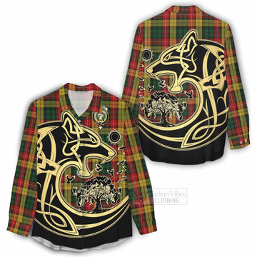 Tartan Vibes Clothing Buchanan Tartan Women's Casual Shirt with Family Crest Celtic Wolf Style