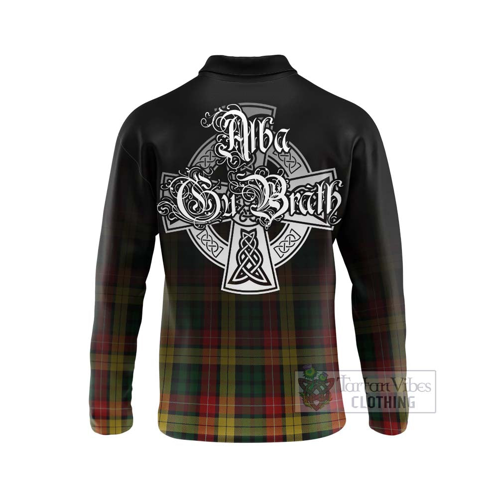 Tartan Vibes Clothing Buchanan Tartan Long Sleeve Polo Shirt Featuring Alba Gu Brath Family Crest Celtic Inspired