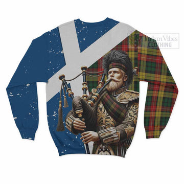 Tartan Vibes Clothing Buchanan Tartan Sweatshirt with Family Crest Scottish Bagpiper Vibes