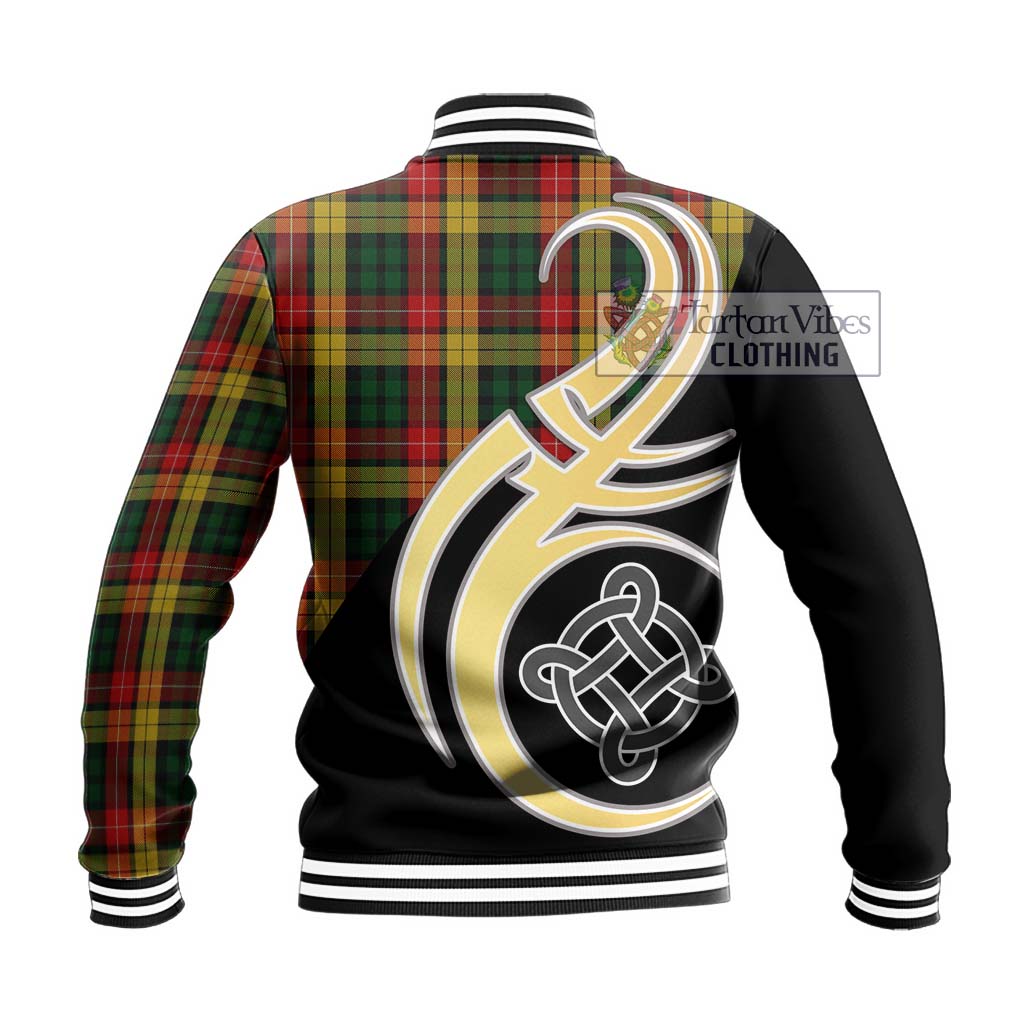 Buchanan Tartan Baseball Jacket with Family Crest and Celtic Symbol Style - Tartan Vibes Clothing