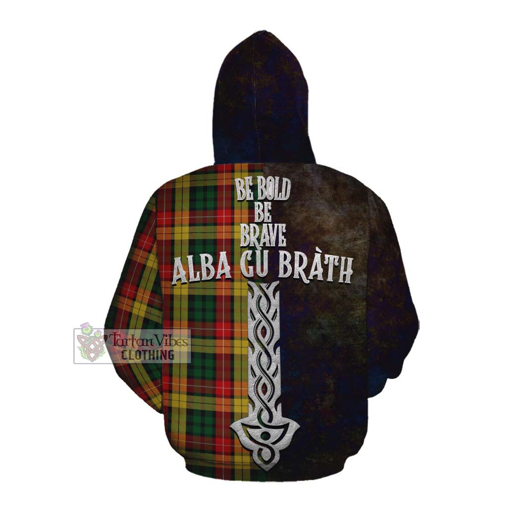 Tartan Vibes Clothing Buchanan Tartan Family Crest Cotton Hoodie Alba Gu Brath Be Brave Lion Ancient Style